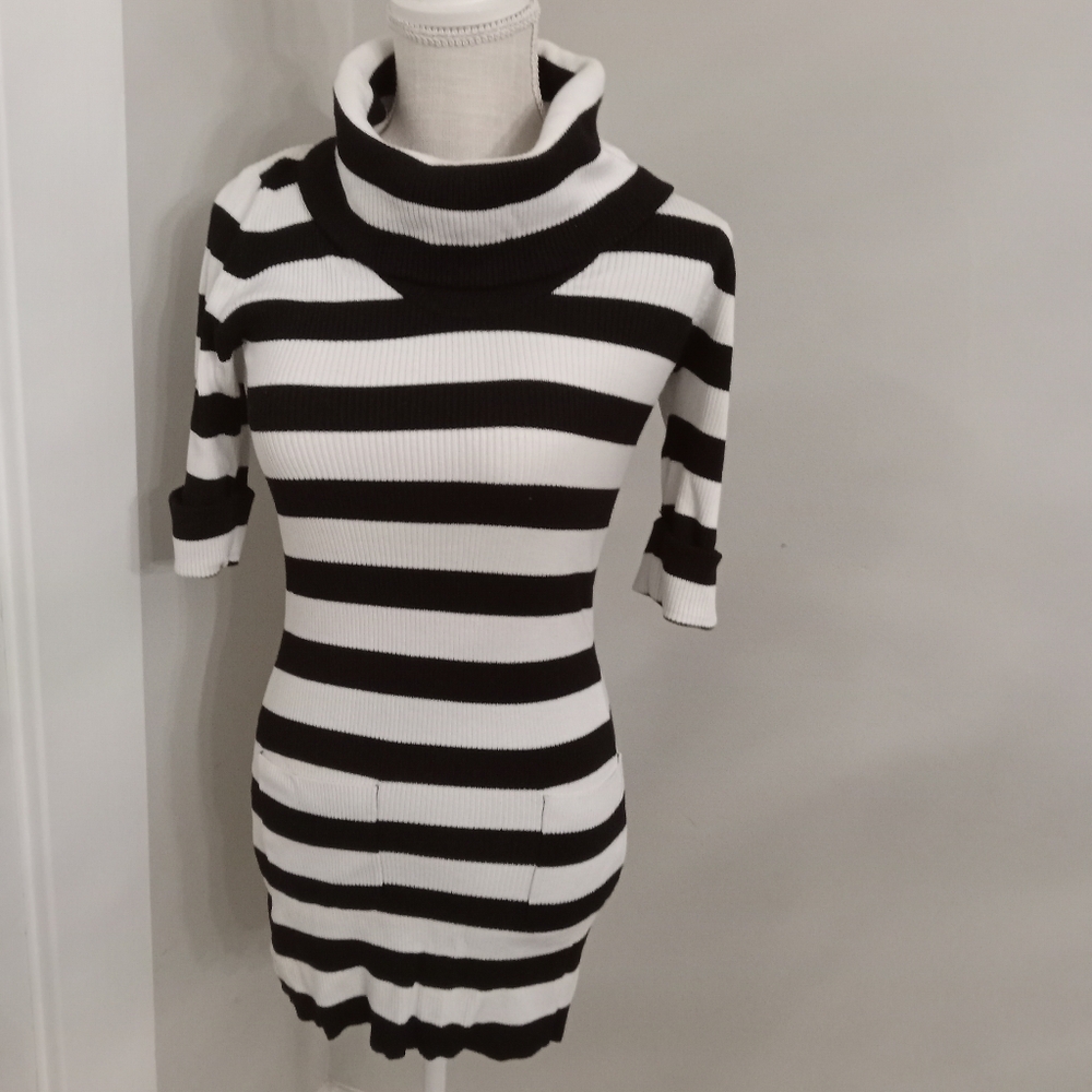 International Concepts Small Turtleneck Black White Stripe Tunic Sweater Dress
